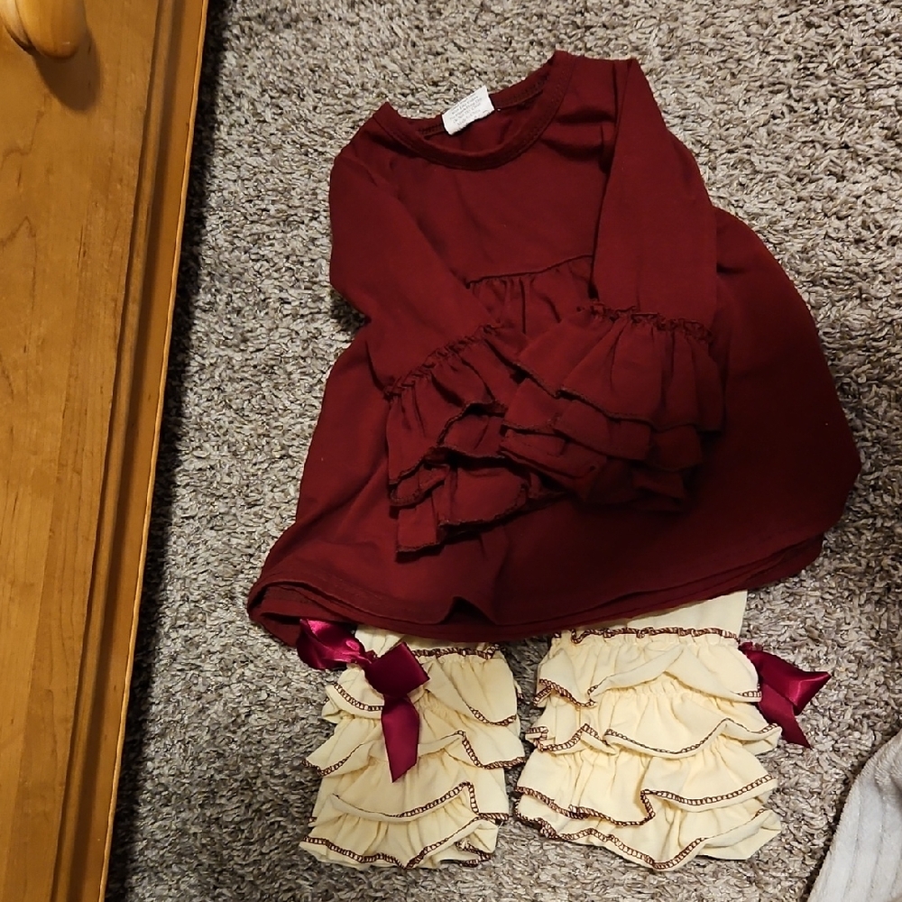 Burgundy Ruffle Dress with Cream Ruffle Pants